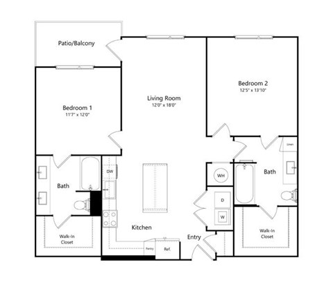 Floor plan for 2 beds, 2 baths, 1168 sqft